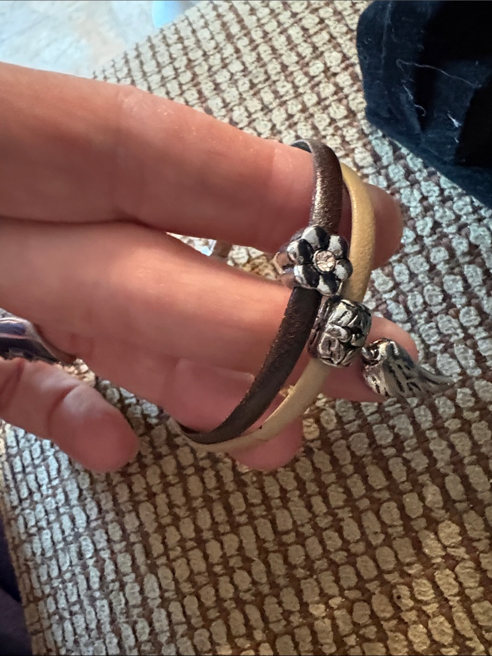 Leather Double-Band Bracelet with Silver Flower & Wing Charm - Brown & Cream - Picture 2 of 8